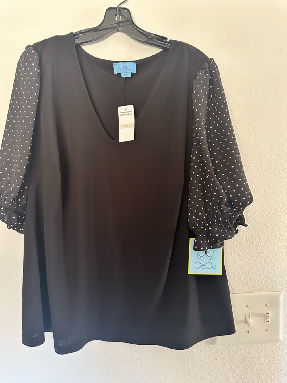 CeCe Black V-Neck Blouse with White Polka Dot Puff Sleeves